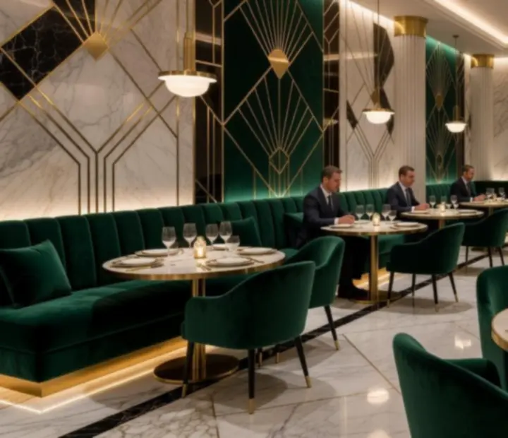 Interiér restaurace Vinny Dvůr ve stylu Art Deco s noblesní atmosférou