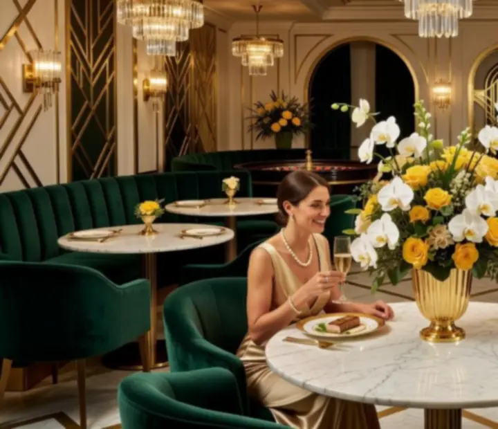 Luxusní večerní scéna restaurace Vinny Dvůr s noblesně prostřenými stoly a intimní atmosférou.