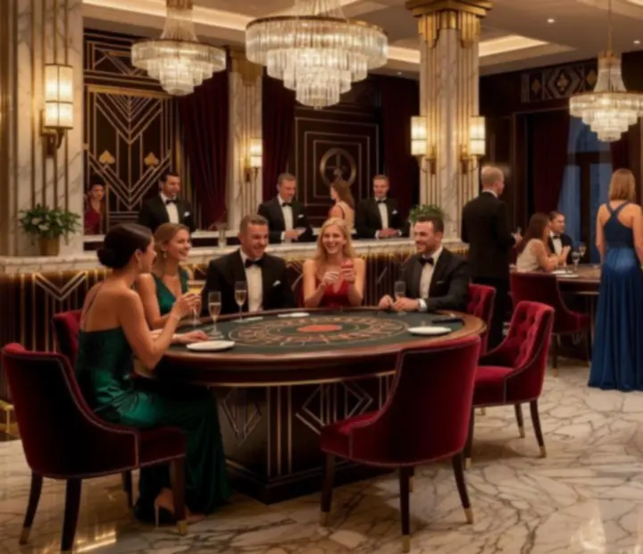 Večerní interiér Vinny Dvůr s casino inspirovaným uspořádáním stolů