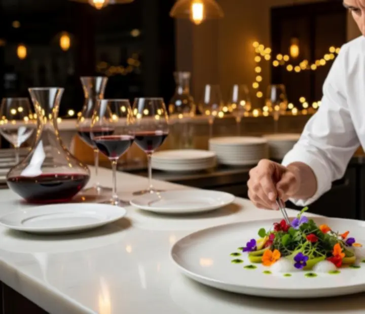 Šéfkuchař Vinny Dvur připravuje sezónní degustační menu v otevřené kuchyni