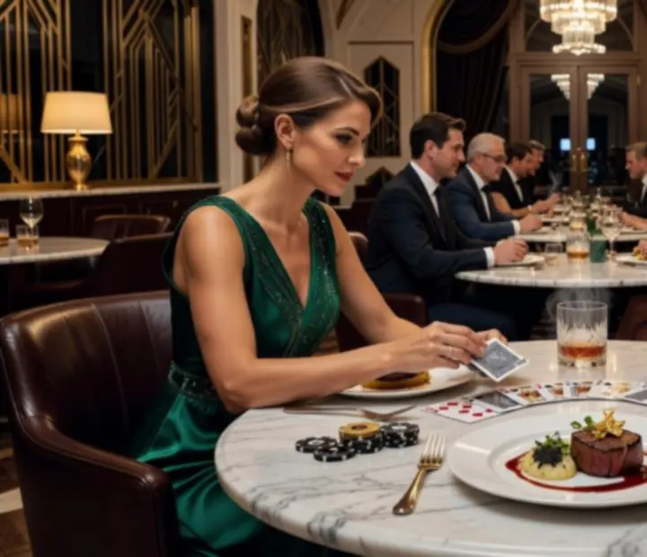 Koláž prémiových fotografií Vinny Dvur – gastronomické kreace, nasvícené kasino stoly a elegantní hosté