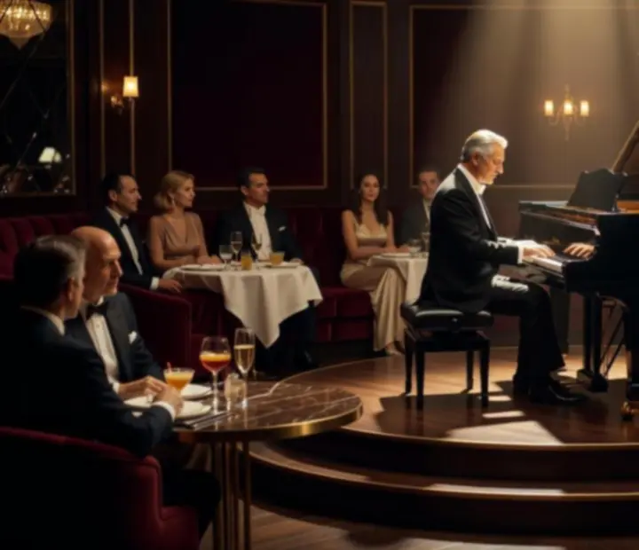 Pianista hrající jazzové melodie v tlumeně nasvíceném interiéru Vinny Dvur