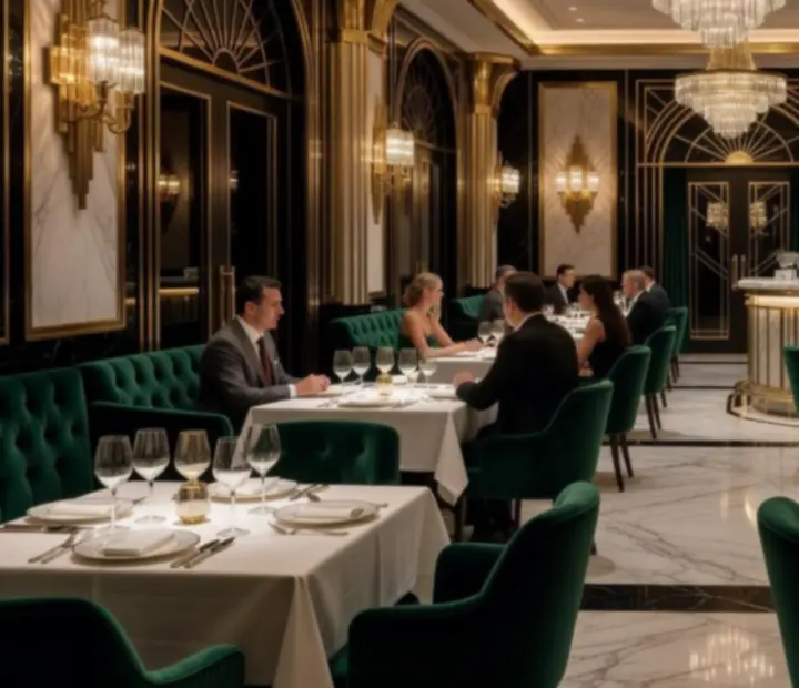 Elegantní interiér restaurace s velvetovým sezením a atmosférickým osvětlením