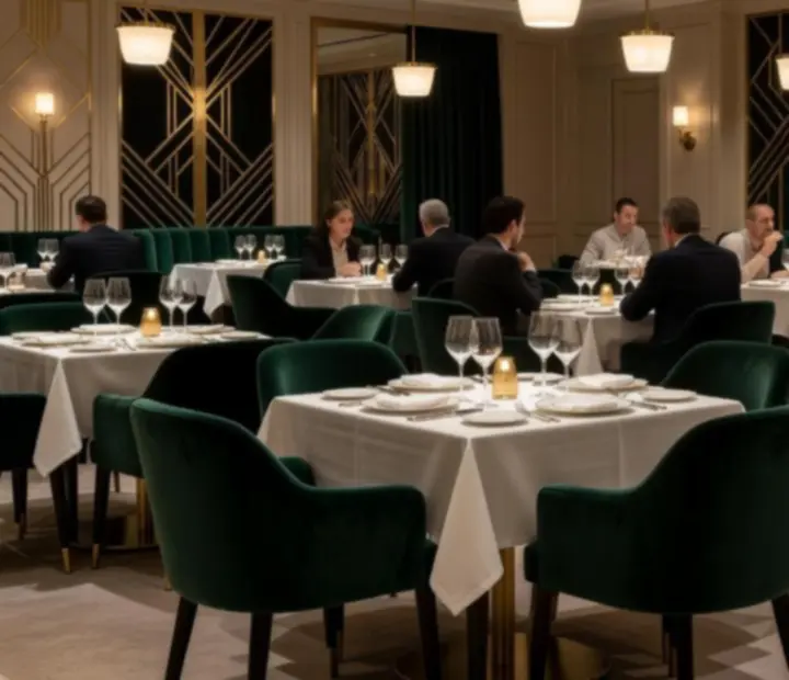 Luxusní večerní atmosféra restaurace Vinny Dvůr s elegantně prostřenými stoly a jemným světlem.